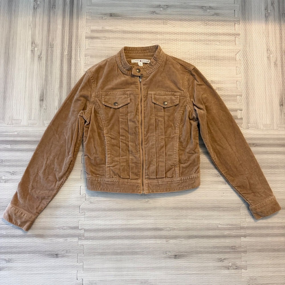 Tommy Hilfiger Corduroy Jacket Womens Small Tan Vintage Full Zip Stretch Moto